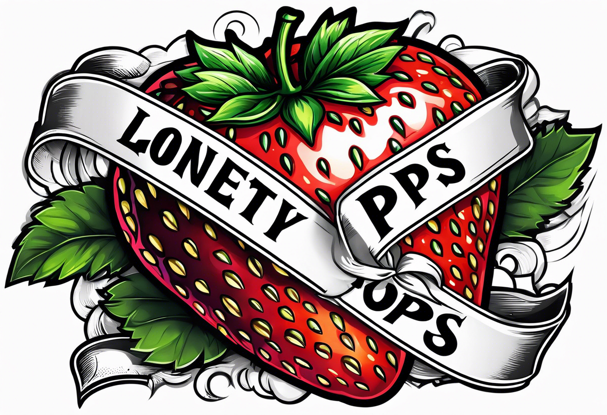 lonely strawberry wrapped in banner saying Pops tattoo idea