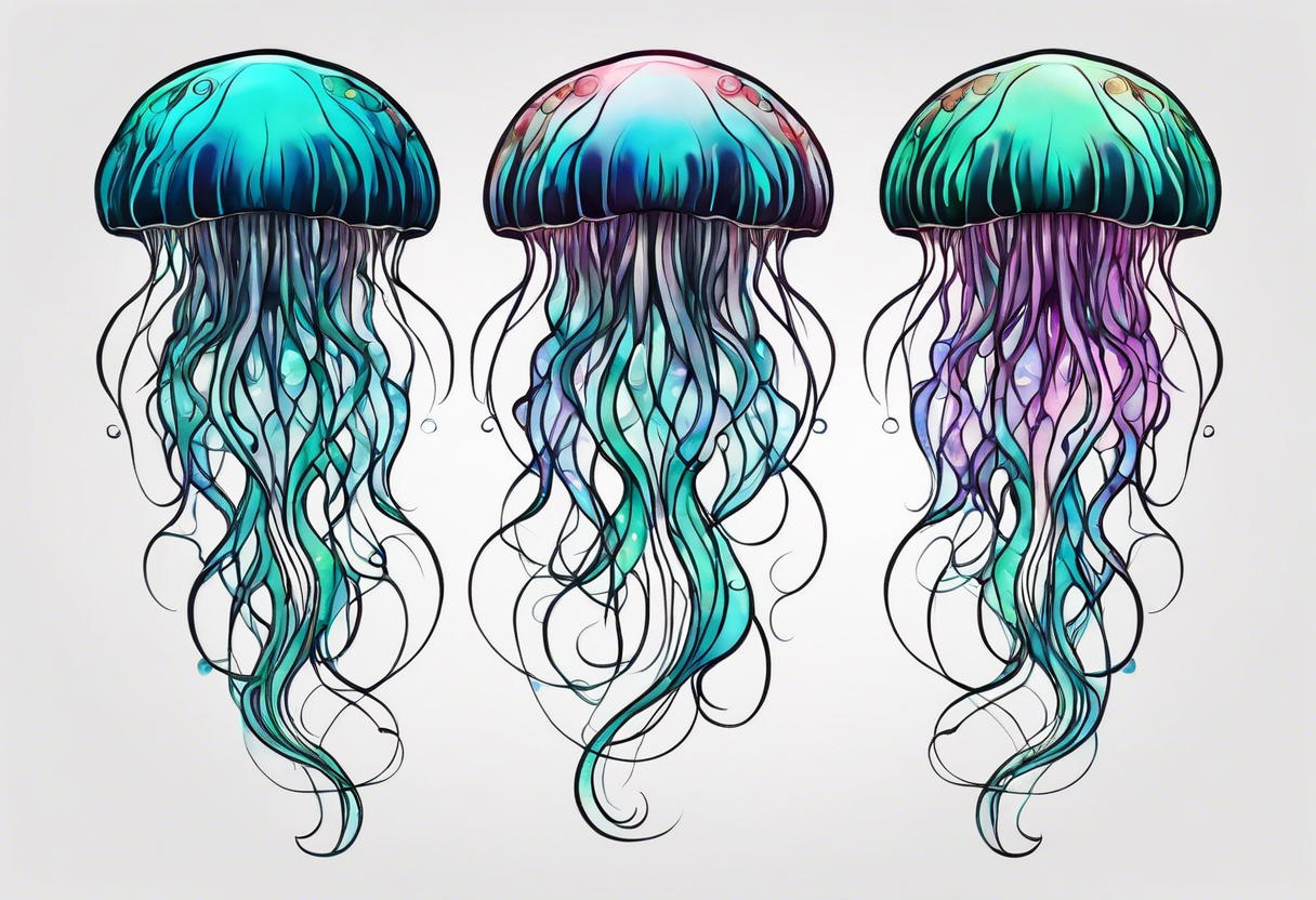 two jellyfish swimming together, with one larger than the other, with space in between them both with long tentacles of varying lengths and design tattoo idea