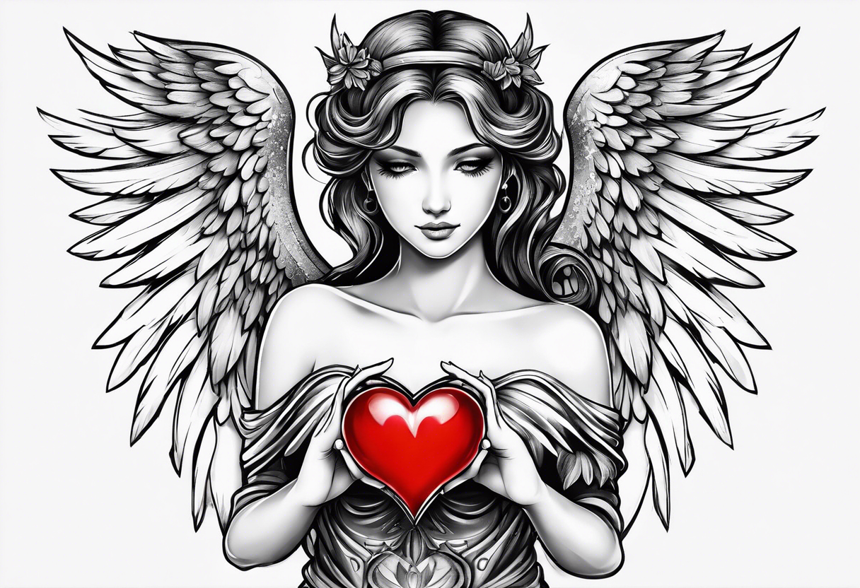 small angel with wings and heart on hands tattoo idea