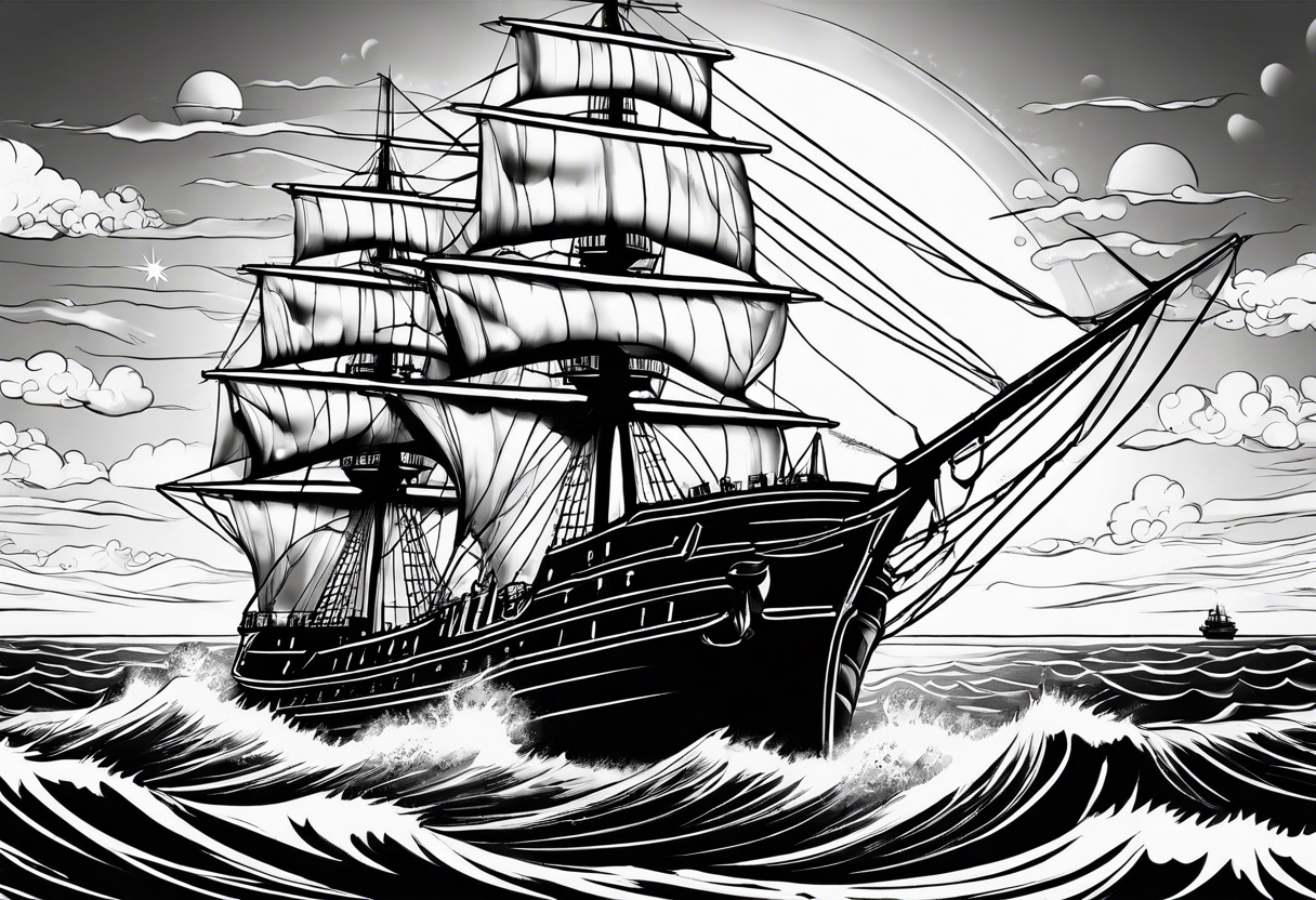 huge ship hitting in the sea with sun on the sky tattoo idea