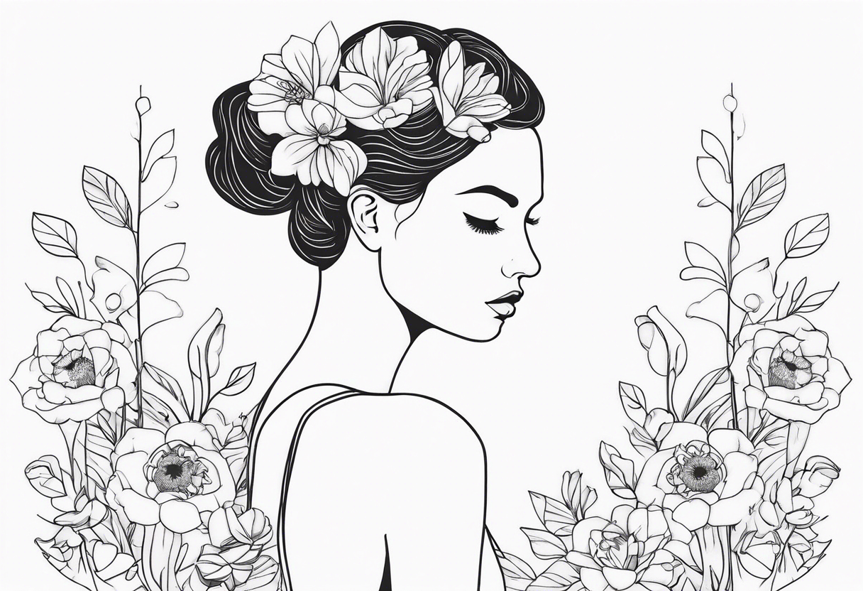 fine line tattoo with woman with flowers growing out of her head tattoo idea