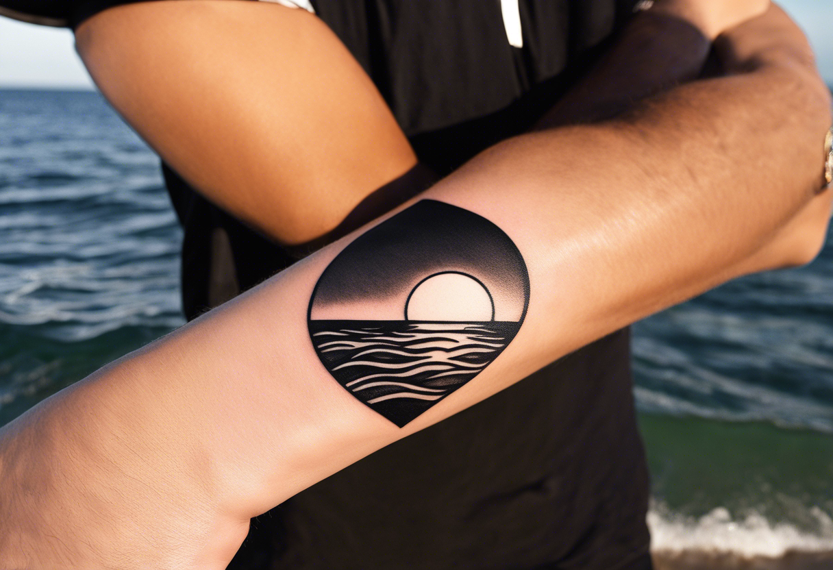 Minimalistic, small, black and white tattoo on male forearm. Tattoo style  is line drawing. From the