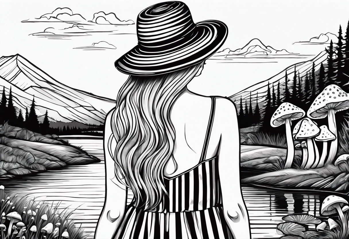 Straight long blonde hair girl standing in right corner in distance holding mushrooms in hand facing away toward mountains and creek surrounded by mushrooms black and white striped dress tattoo idea