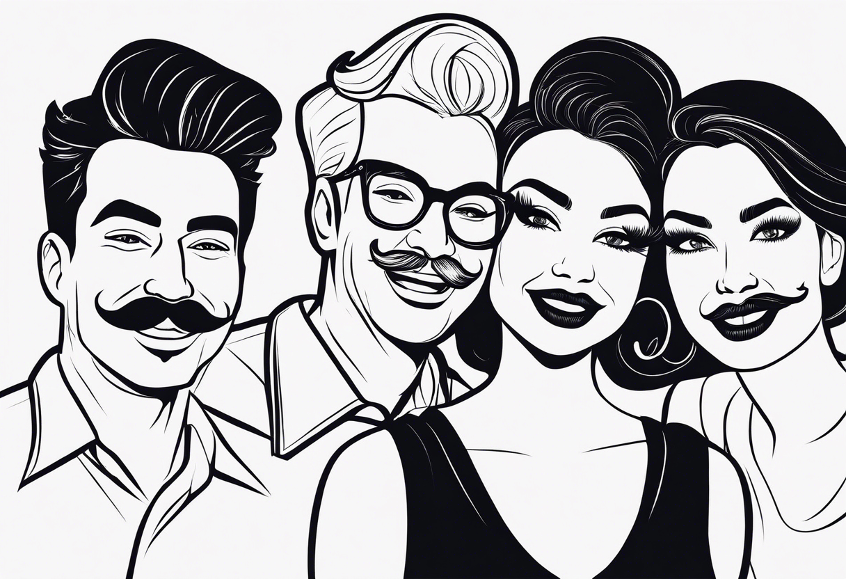 four outlines of teeth with attributes of a family: one with mustache, one with lady eyelashes, one smaller with a bow on its head and one smaller in short pants tattoo idea