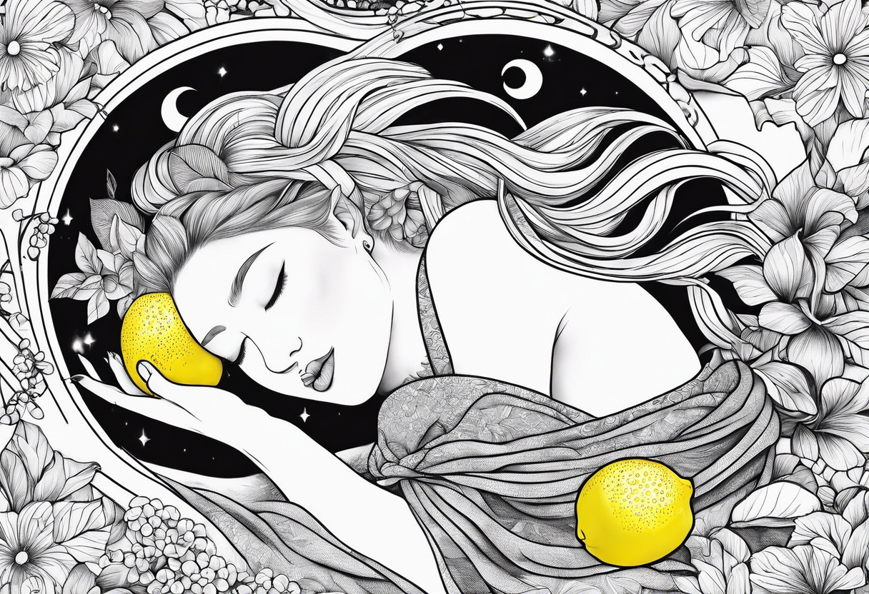 Fairy asleep on half a lemon tattoo idea