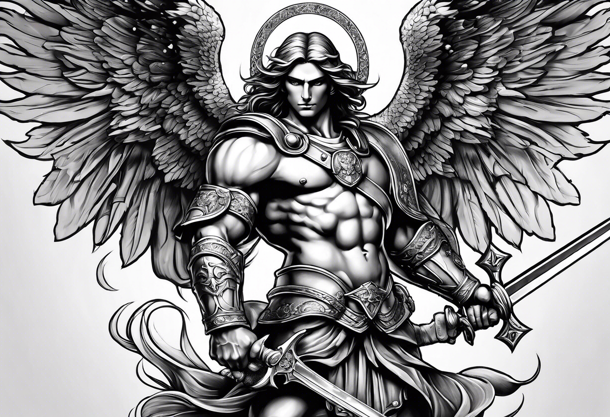 full body saint michael holding a sword slaying a demon tattoo idea