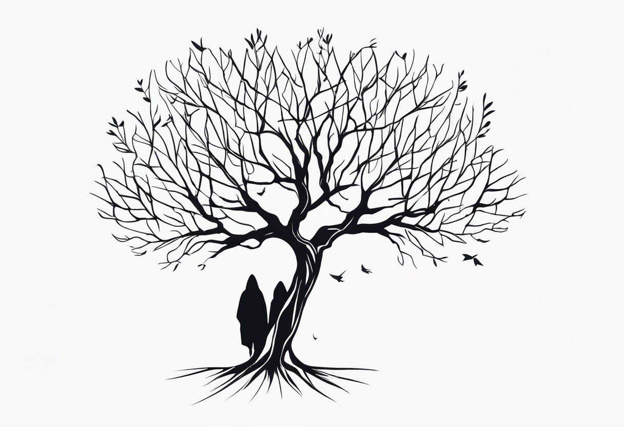 faceless, dark figures under a branch of a tree tattoo idea