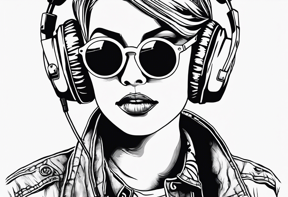 Outline sketch of me with round sunglasses and listening to a tape cassette tattoo idea