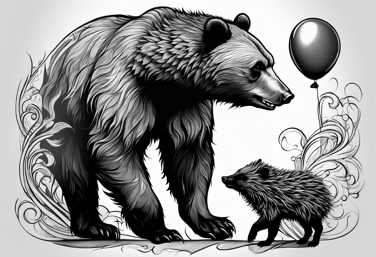 a big growling bear and a tiny hedgehog that stands hand has a balloon is his hands
 together. tattoo idea