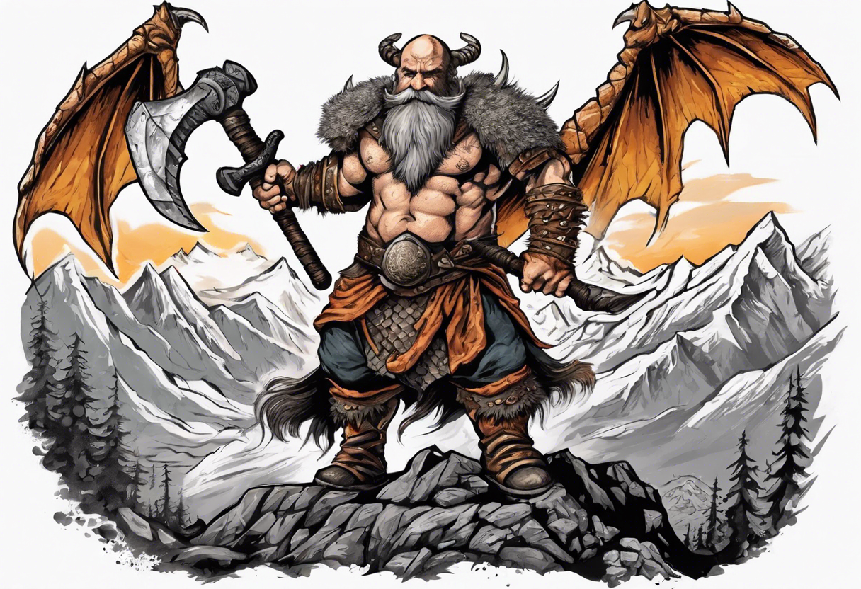 dwarven warrior with a war axe fighting against a dragon in the mountains as the sun is rising tattoo idea