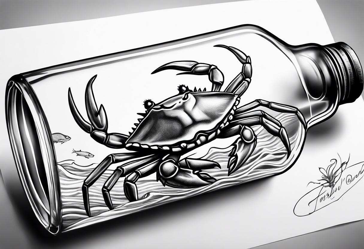 A message in a bottle. Rolled up map inside the bottle. crab outside protecting the bottle. tattoo idea