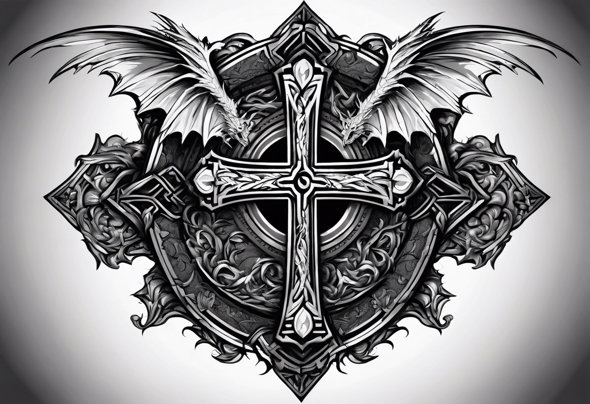 A Christian cross with sharp lower end imbedded into the ground that has roots growing from it. The cross is in the middle of two huge dragon wings. In the middle of the cross is an eye ball tattoo idea