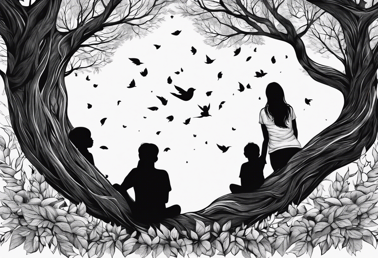 big brother with two sisters below a big tree with falling leaves tattoo idea