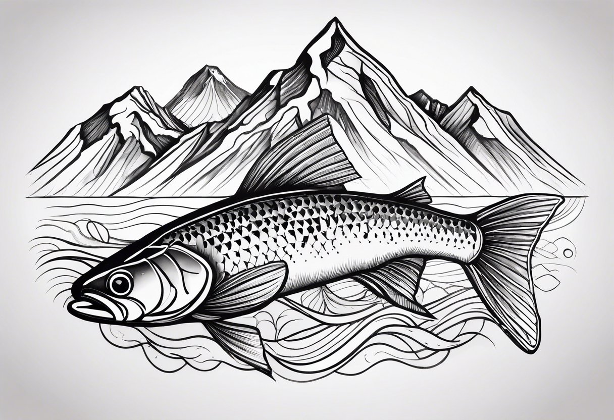 fly fishing lure with mountains and streams tattoo idea