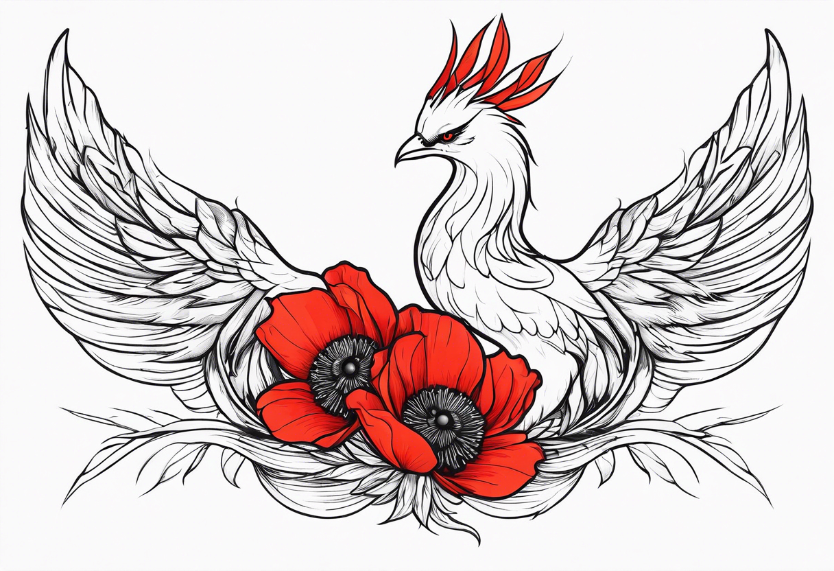 elongated pheonix holding red poppies in claw tattoo idea