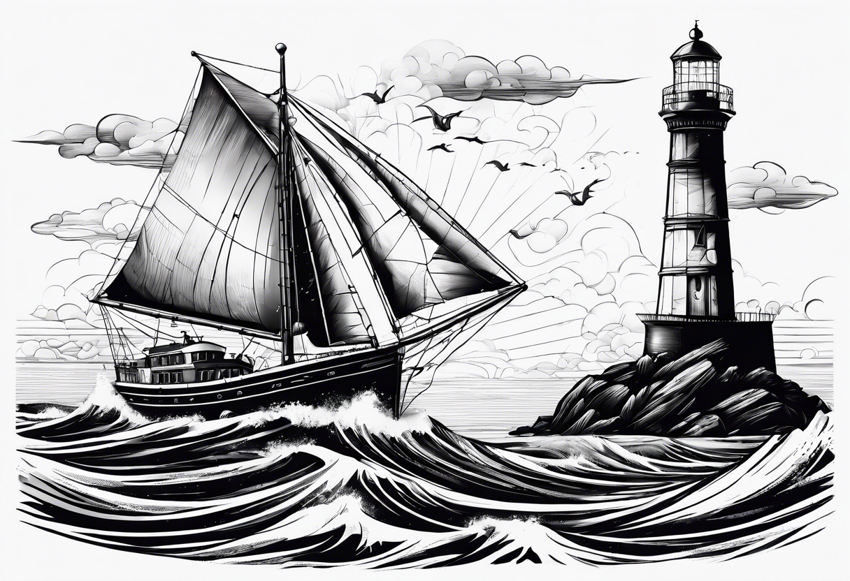 phare maritime sur un petit bateau a voiles. tattoo idea