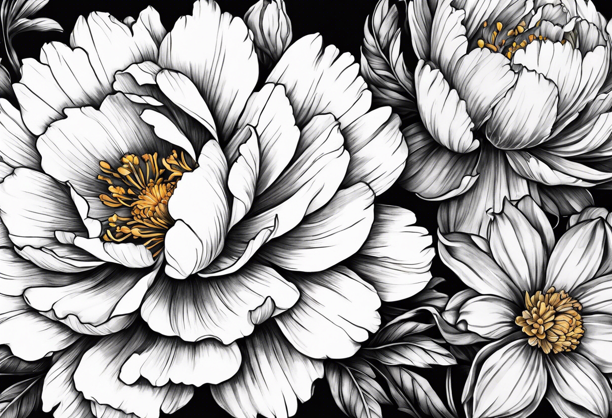 marigold, peony, and narcissus laying side by side tattoo idea