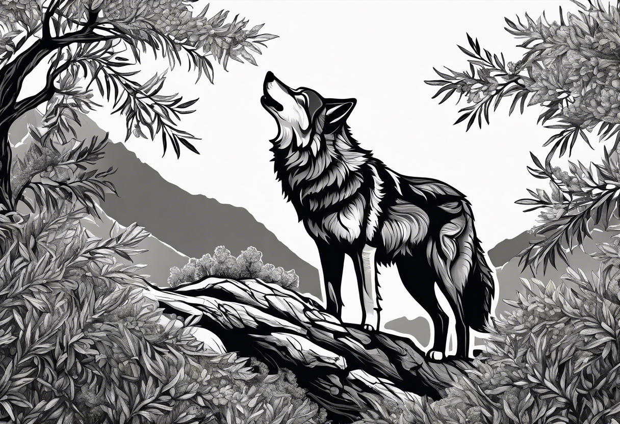 realistic howling wolf drawn with olive tree branches and leaves tattoo idea