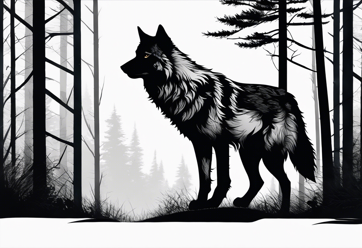 A detailed sketch of a lone wolf prowling through a dense, misty forest. This design can symbolize independence and mystery. tattoo idea