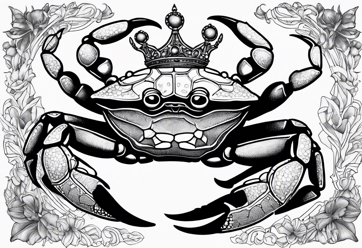 Crab wearing crown with treasure box tattoo idea