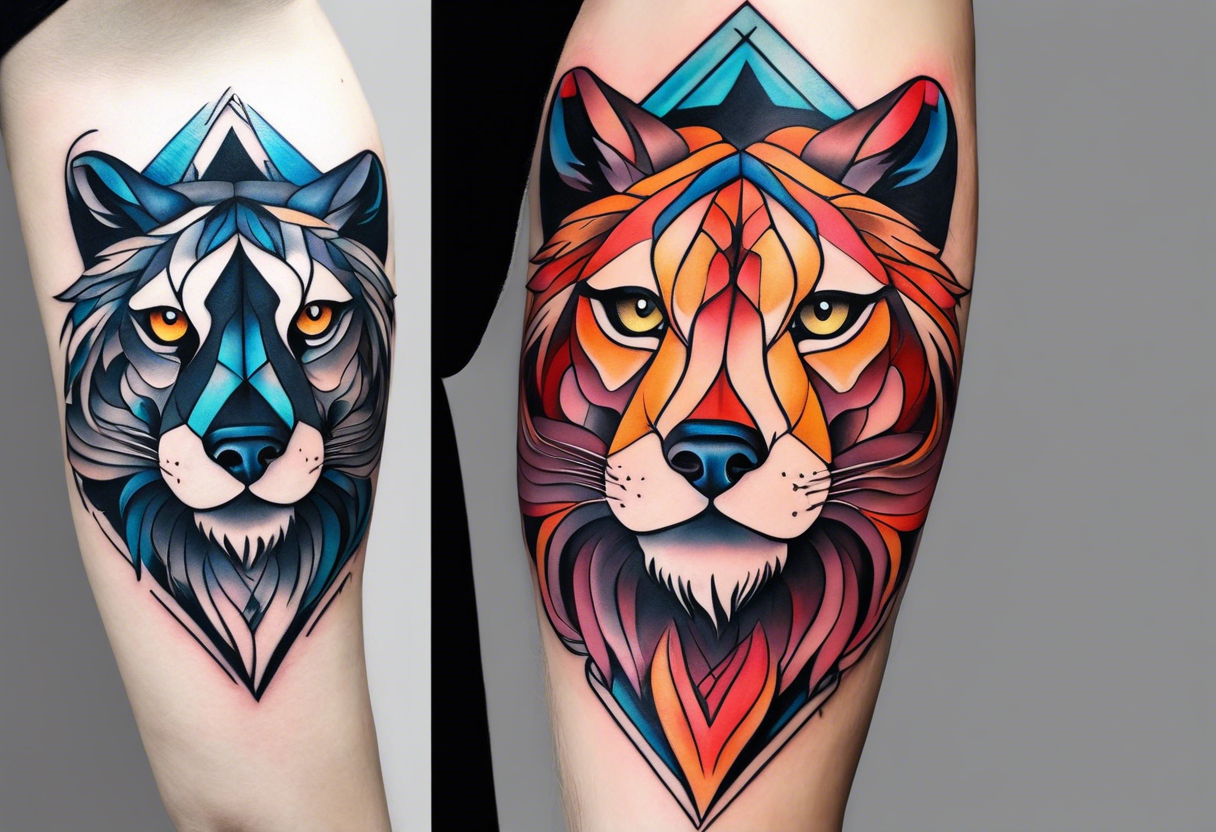 An minimalistic lioness, a minimalistic wolf and a minimalistic owl in front of a incredible sky. tattoo idea