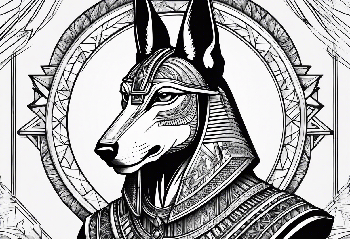 Strict Anubis portrait with pyramids on the background tattoo idea