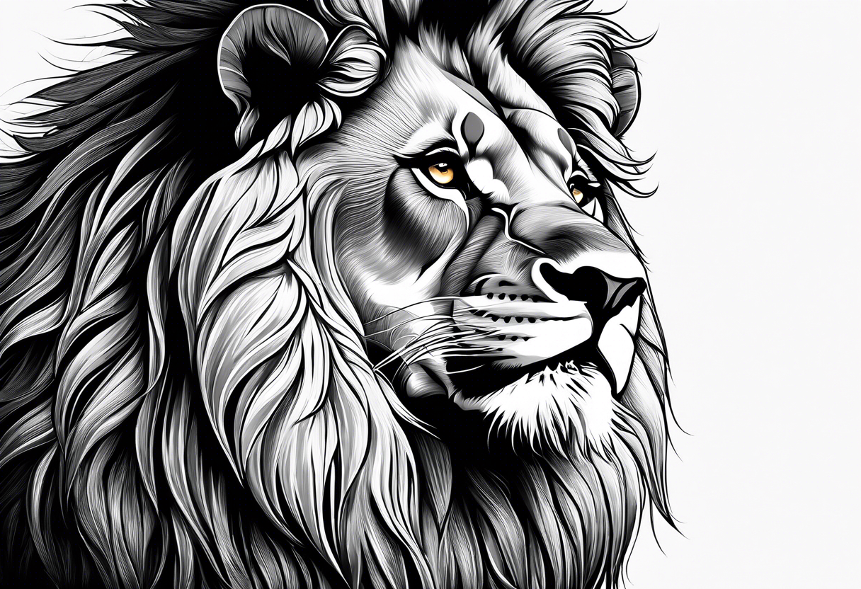 A realistic and detailed depiction of a lion’s face, focusing on its intense eyes and flowing mane. This can be designed as a symbol of power and pride. tattoo idea