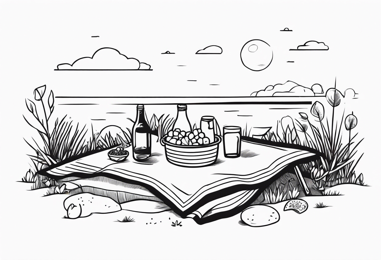 Very light and minimalstic picnic scene in nature. A blanket, picnic-basket with lid, pillows and party tennants. Thin lines. tattoo idea