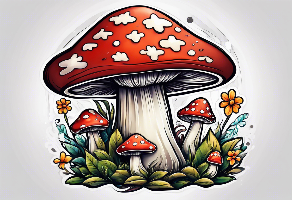 Happy anthropomorphic mushroom tattoo idea