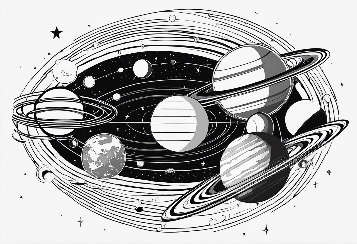 Fine line solar system tattoo of planets in orbit in alignment in a straight line tattoo idea