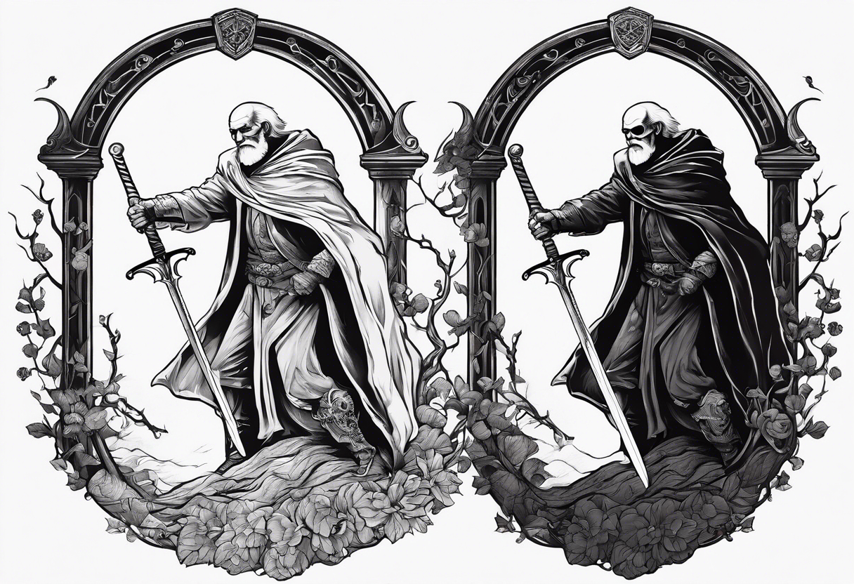 old man in cloak sword fighting with a skeleton tattoo idea