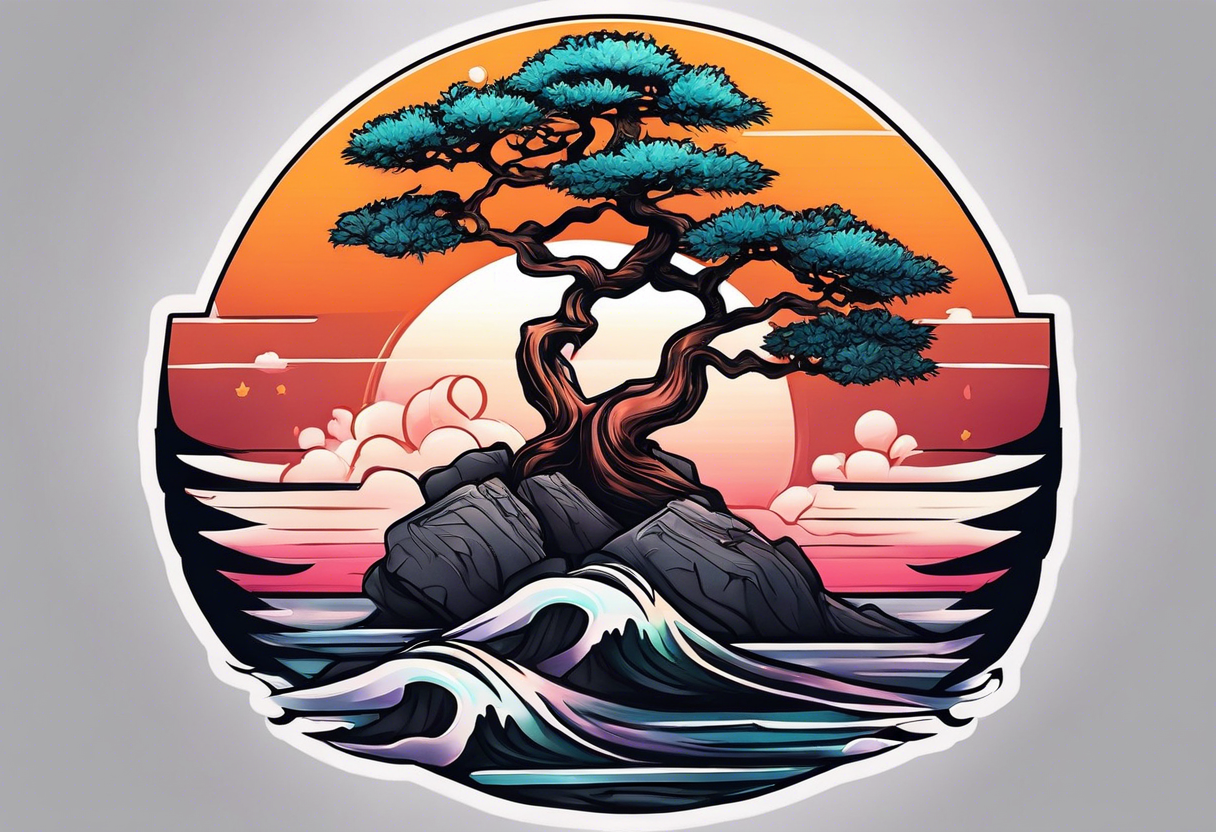 Sunset and little down bonsai trees tattoo idea