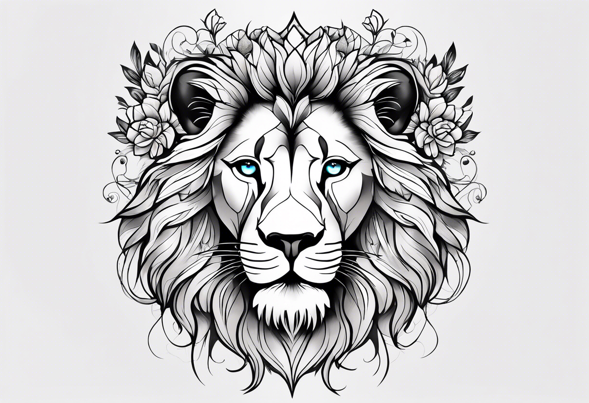 Lion face half delicate half lion one eye blue one eye green a flowers and butterflies on delicate side tattoo idea