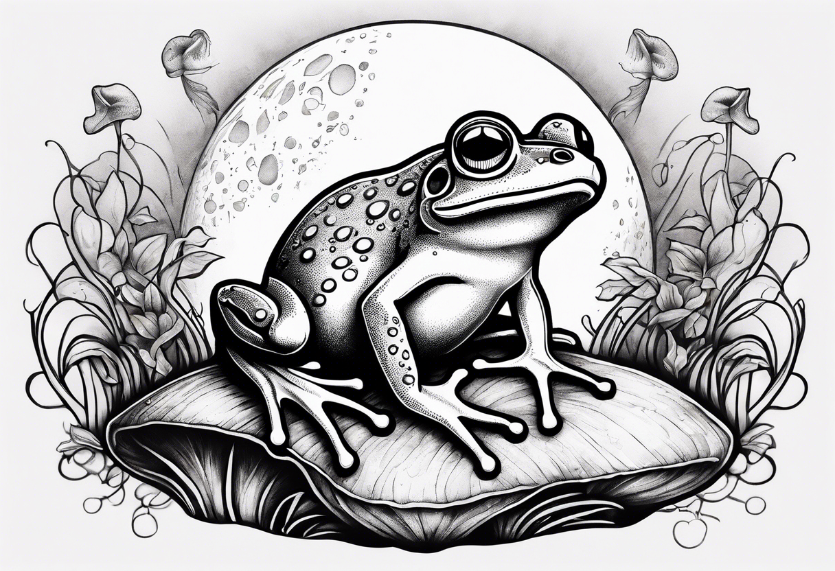 dancing frog on two feet under the moon mushroom in the Background mystical tattoo idea