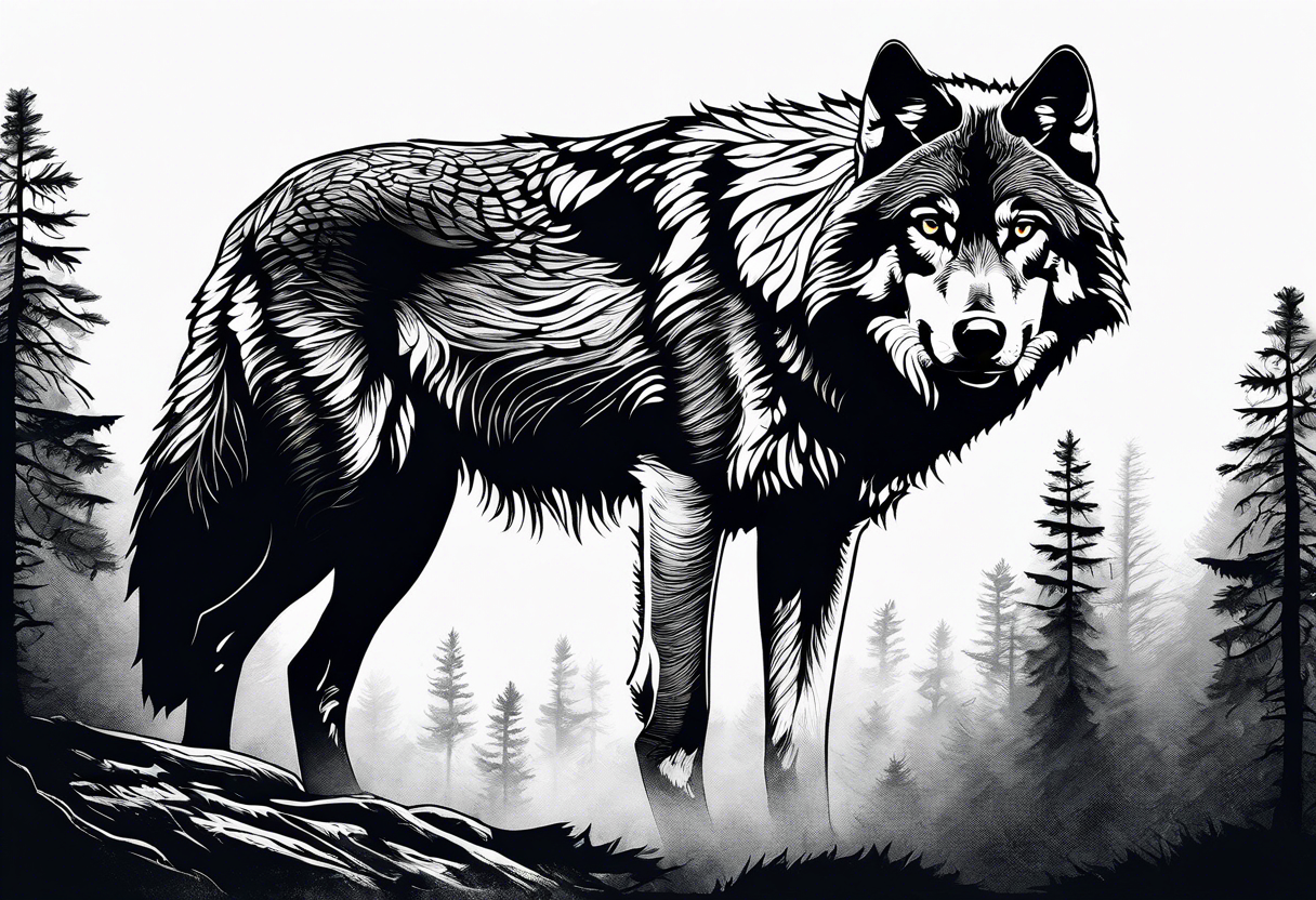 A detailed sketch of a lone wolf prowling through a dense, misty forest. This design can symbolize independence and mystery. tattoo idea