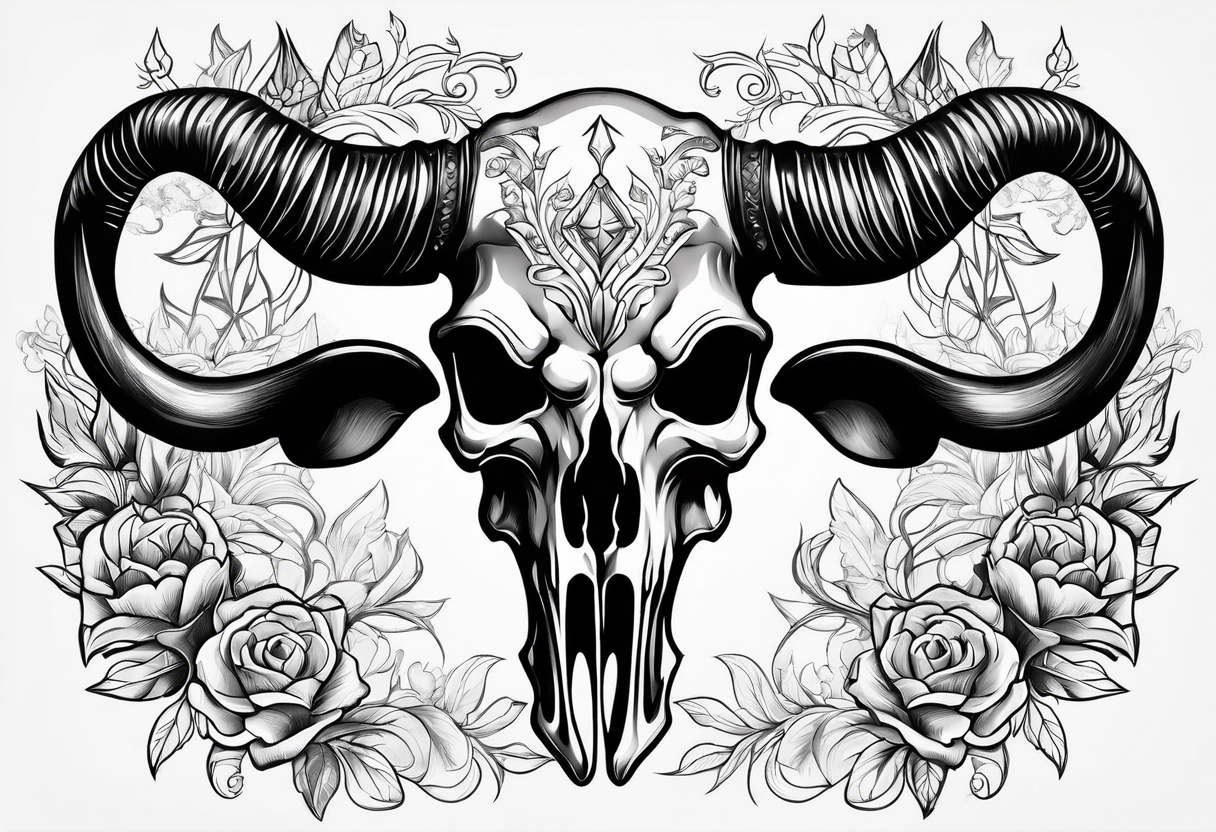 Black and grey bull skull tattoo located on the back.