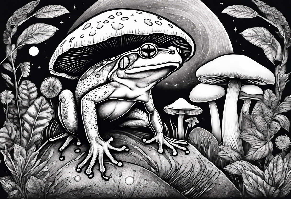 dancing frog under the moonlight mushroom in the Background mystical tattoo idea