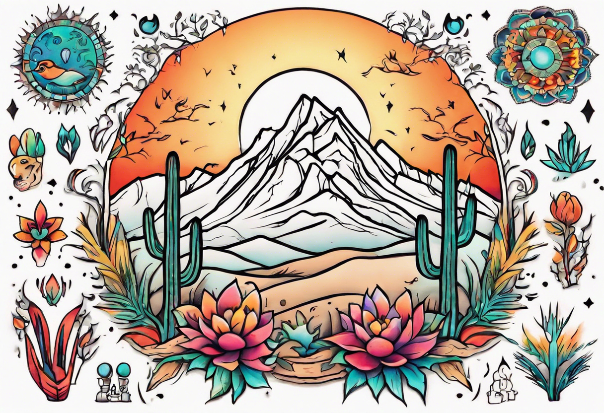 Design a vibrant, colorful, and intricate desert-themed tattoo to cover my chest piece. Incorporate elements like trees, flowers, and animals to create a harmonious and eye-catching composition. tattoo idea