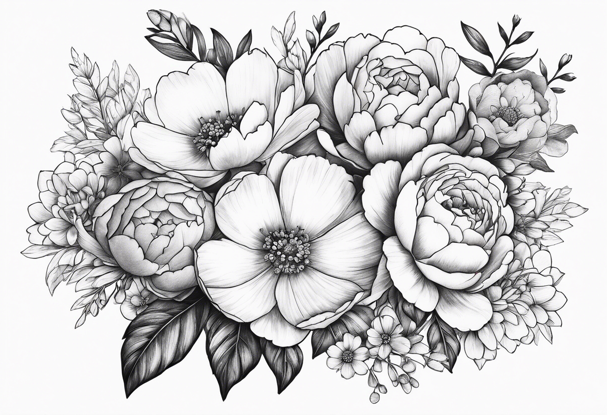 Bouquet, peonies, roses, daisies, forget me nots tattoo idea