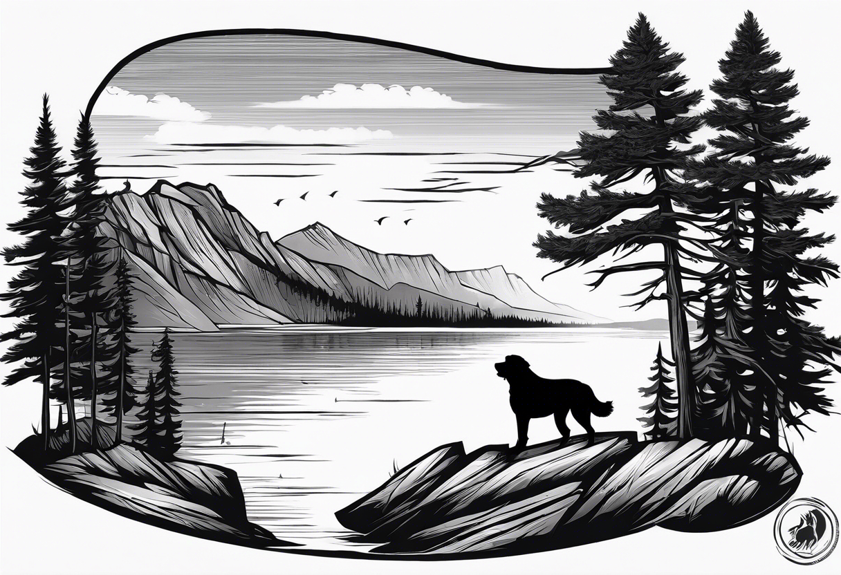 Sleeve tattoo windswept pine tree before lake with low cliff face on another side of lake. Mastiff silhouette in the foreground. with a dock coming out from the shore. Canadian shield tattoo idea