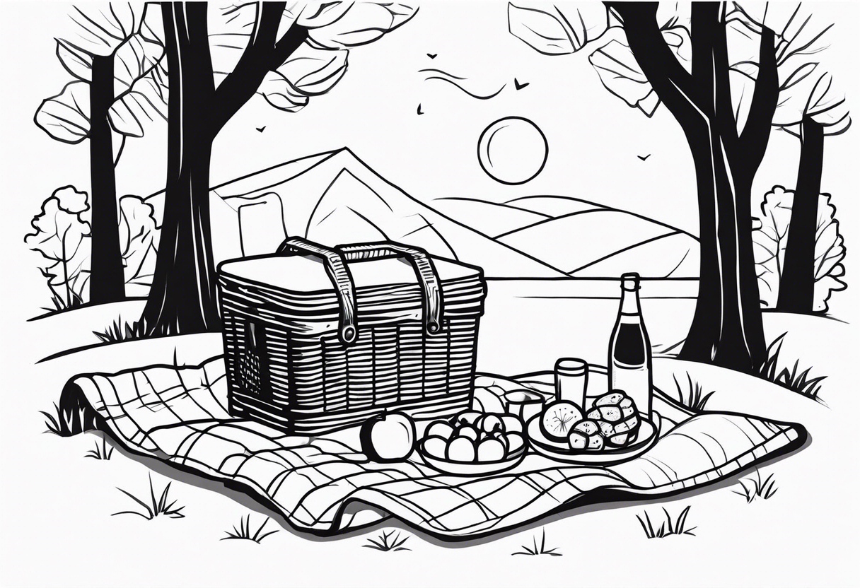 Black and white minimalstic picnic scene in nature. A blanket on the ground with picnic-basket with lid, pillows and party tennants. Thin lines. tattoo idea