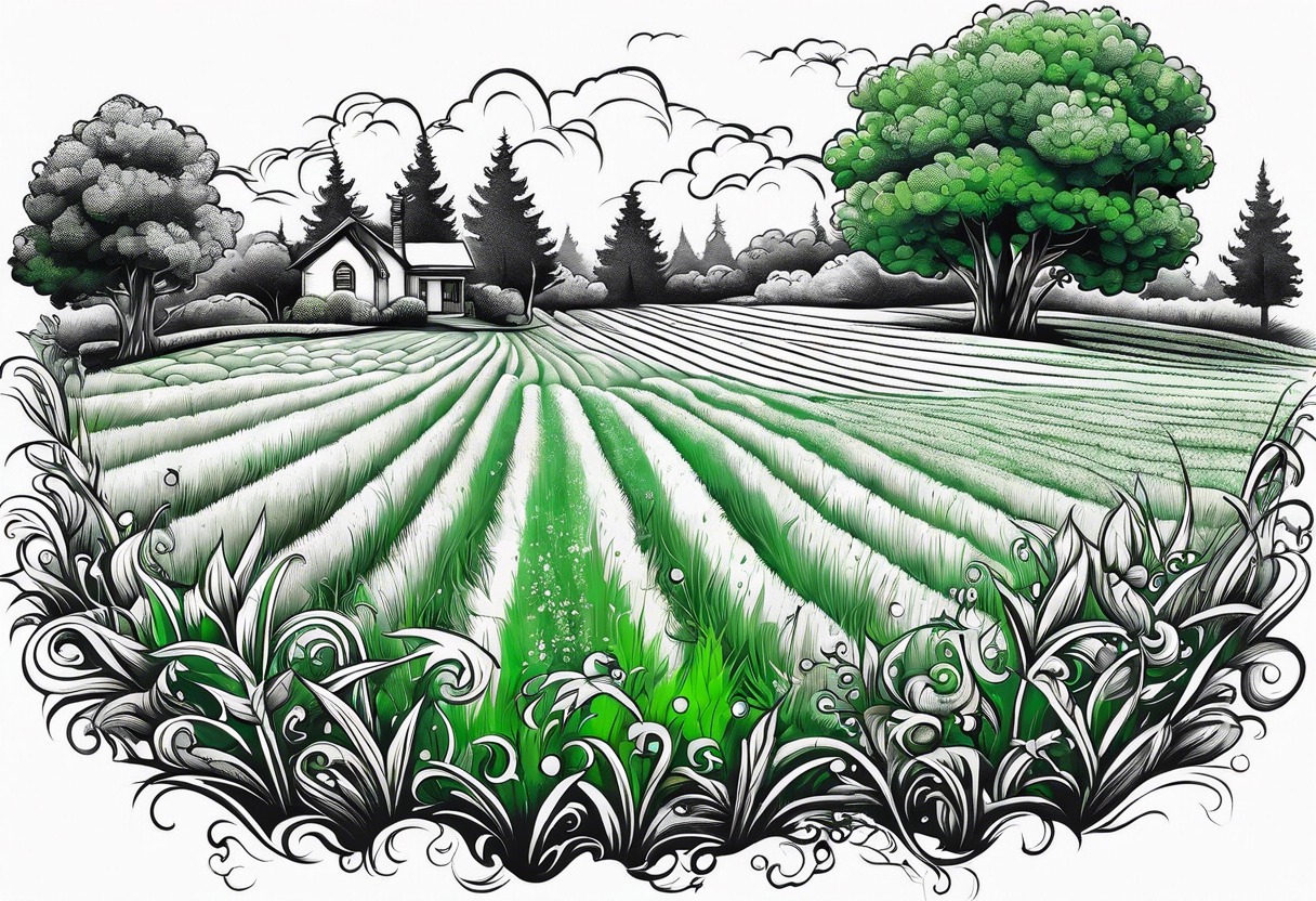 Green lawn with sprinklers running tattoo idea