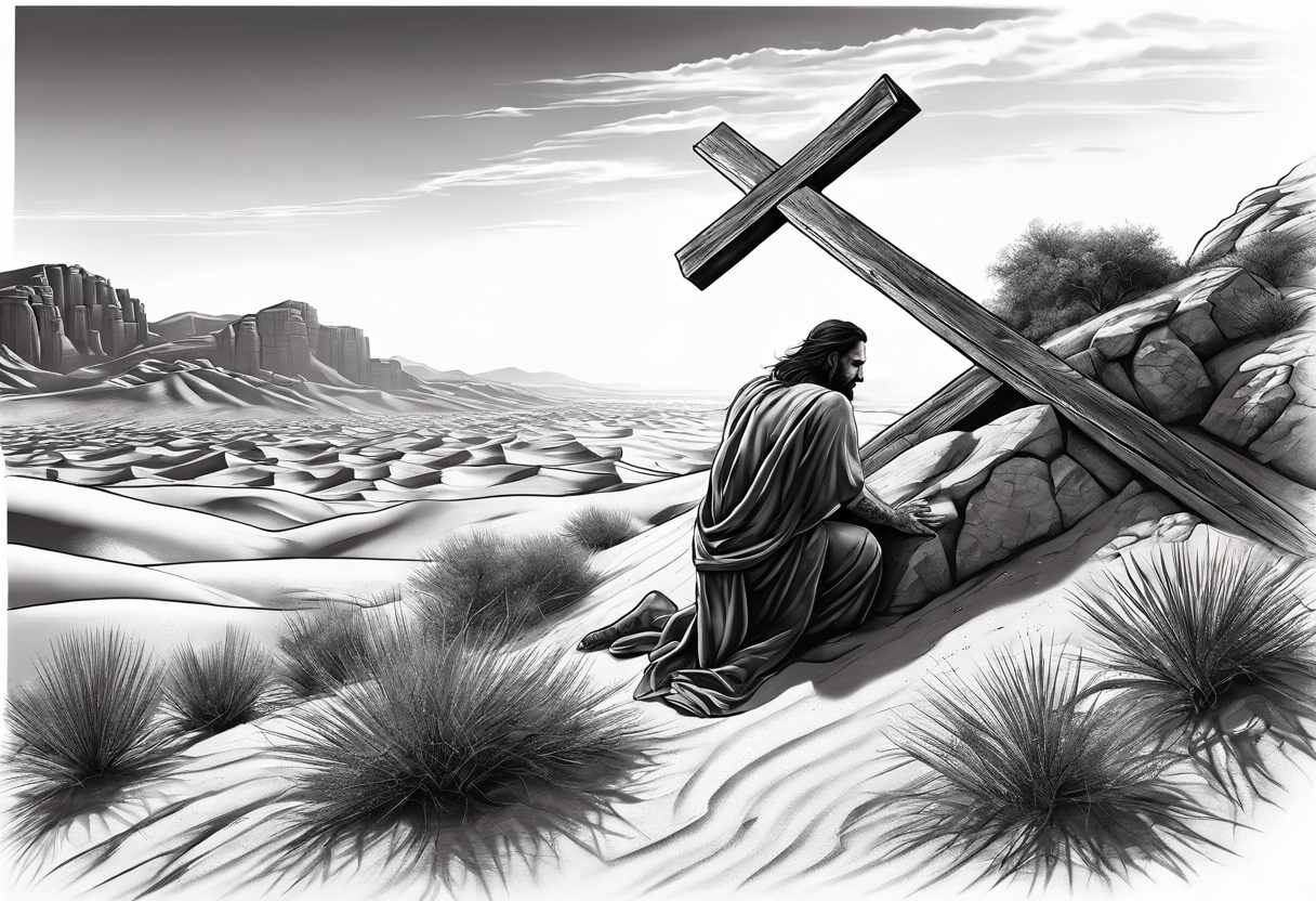 man crawling in a desert reaching to the cross of Christ tattoo idea