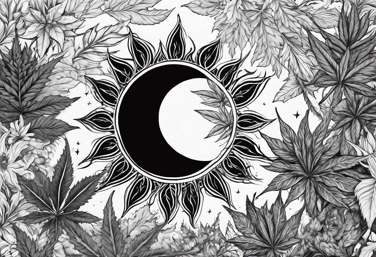 Eclipsed sun with negative space, cannabis plants and other forest botanicals tattoo idea