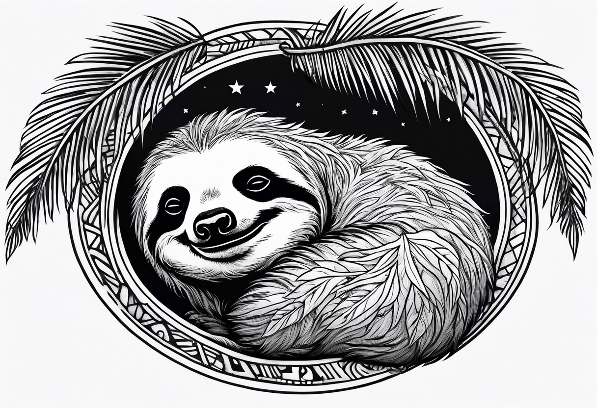 Sloth sleeping under palm tattoo idea