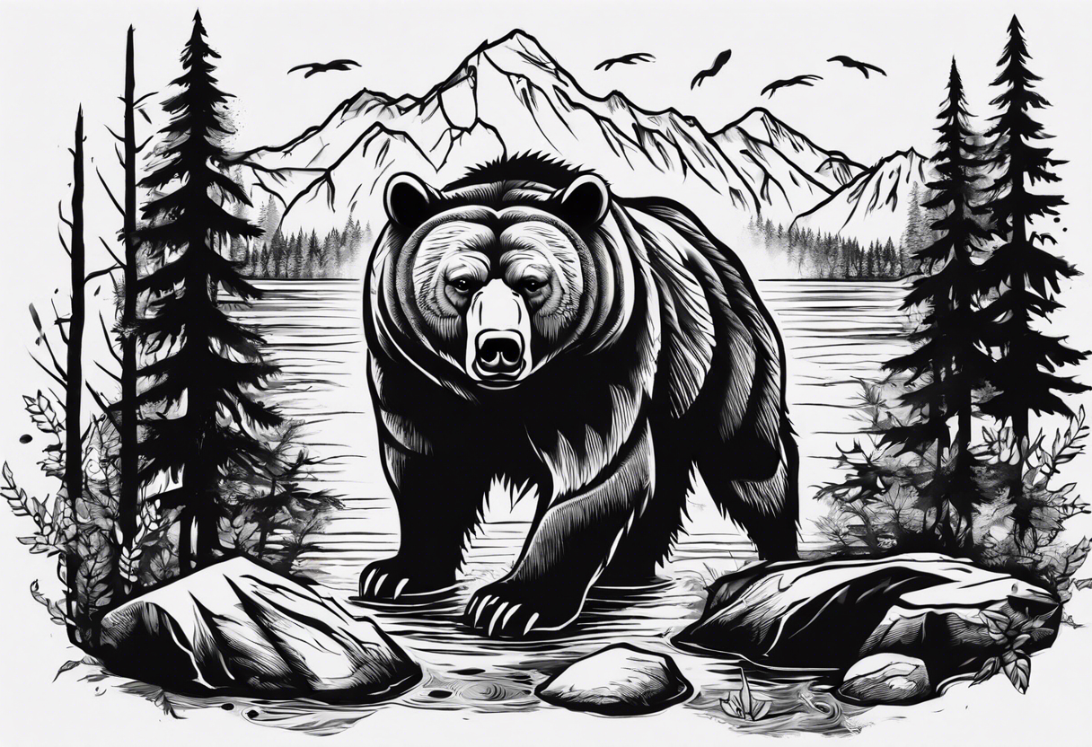 bear head, forest, lake, appalachia, arm sleeve tattoo tattoo idea