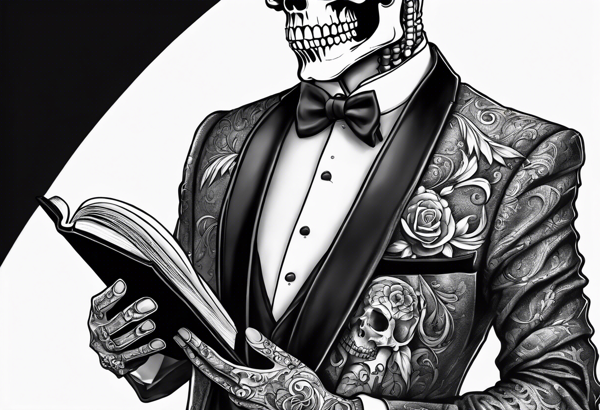 skeleton in tuxedo holding a bible tattoo idea