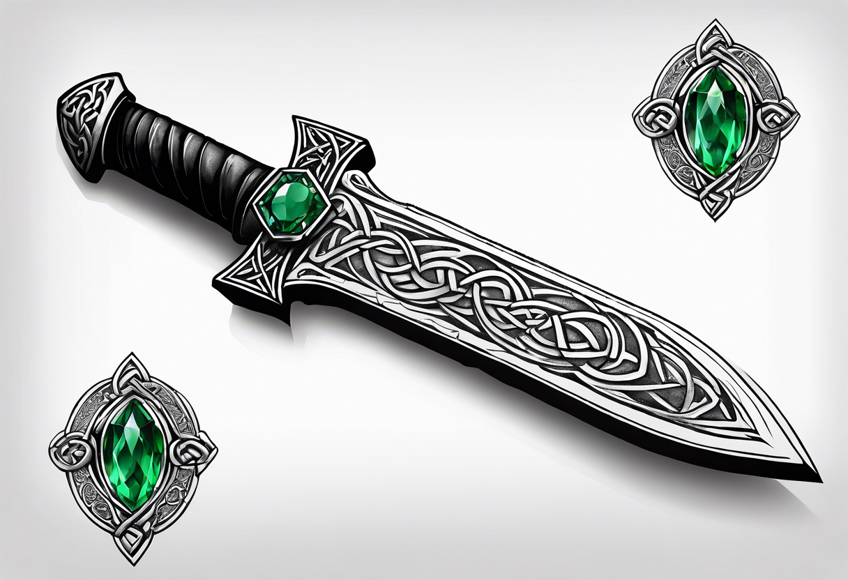 A Celtic athame dagger with the hilt turned upward and an emerald gemstone on the hilt not on the blade tattoo idea