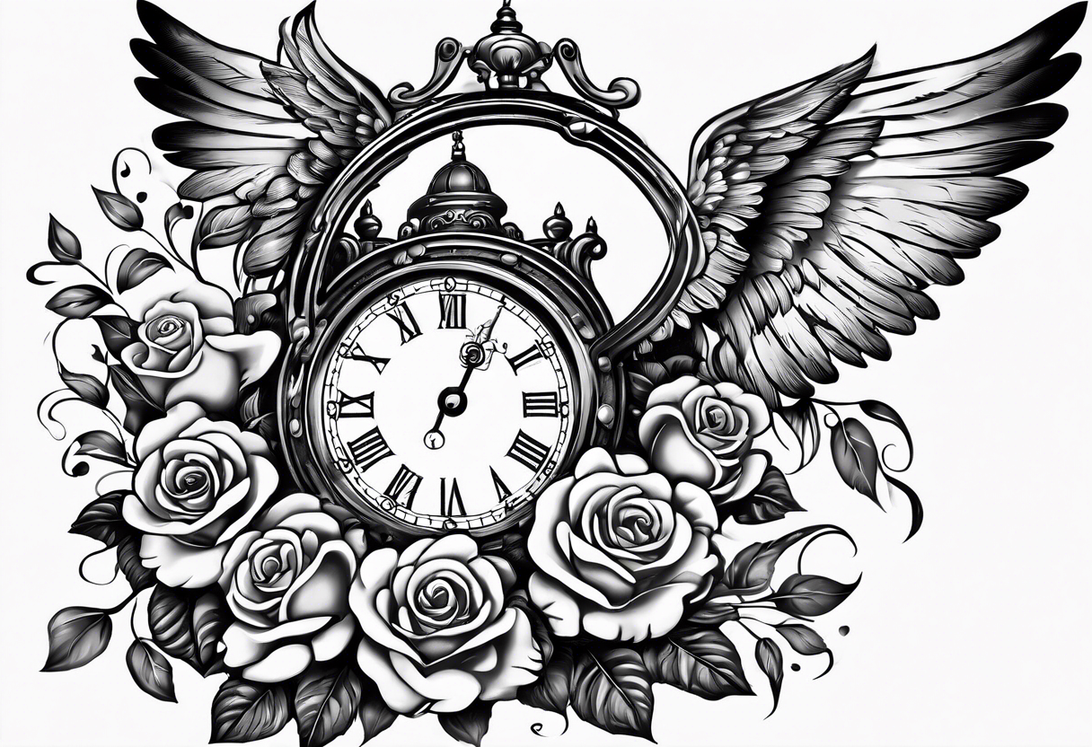 Half sleeve on arm of beautiful old fashion clock with roses, cherubs, angels, and the name chase Peter in a scroll tattoo idea