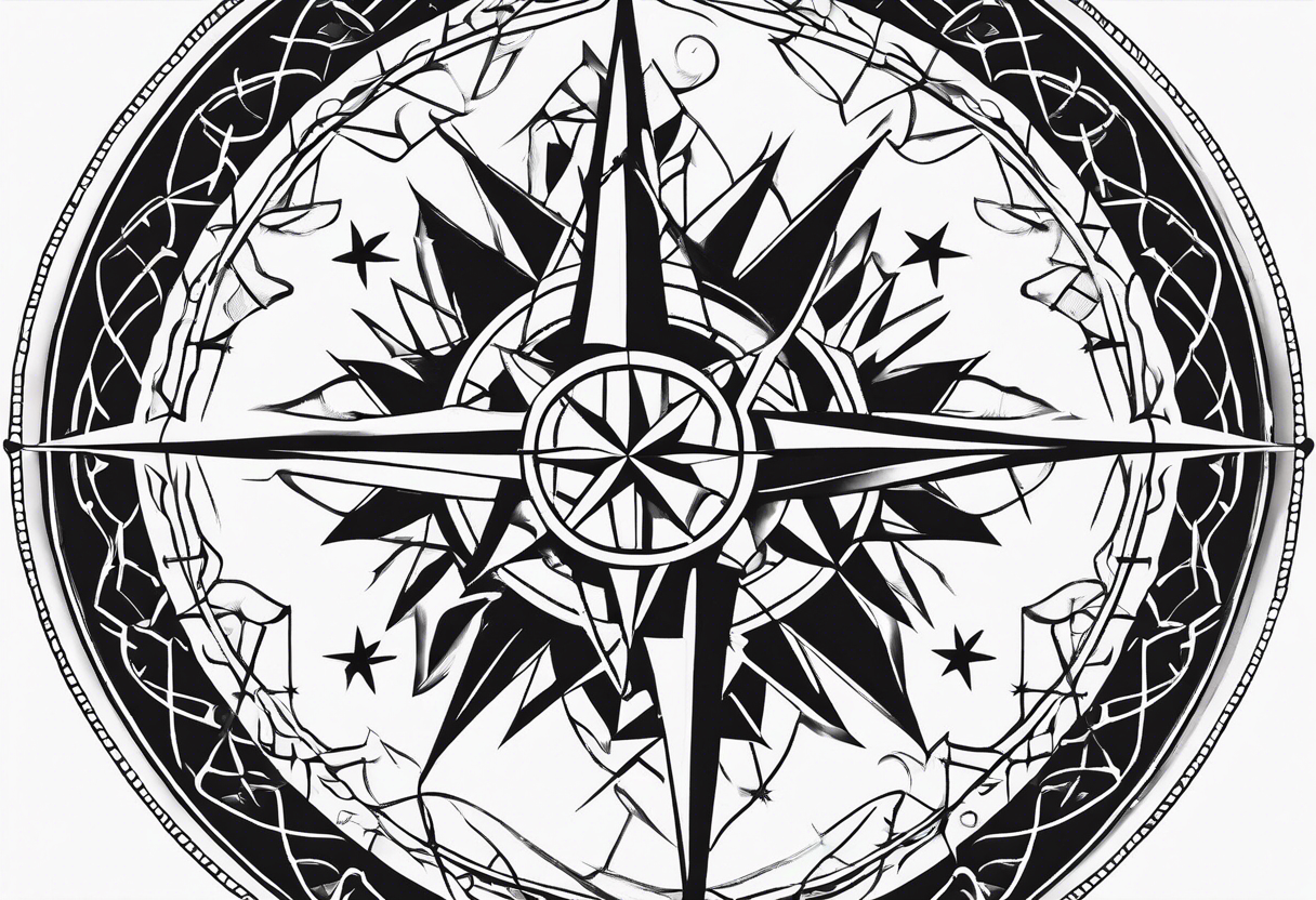 a classic compass rose as the central element with a molecular structure of serotonin tattoo idea